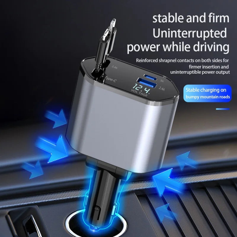 "4-in-1 Retractable Car Charger 120W Fast Charging Adapter with Dual USB Ports – Universal Compatibility