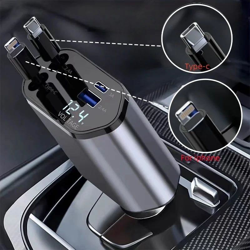 "4-in-1 Retractable Car Charger 120W Fast Charging Adapter with Dual USB Ports – Universal Compatibility
