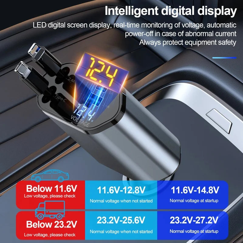 "4-in-1 Retractable Car Charger 120W Fast Charging Adapter with Dual USB Ports – Universal Compatibility